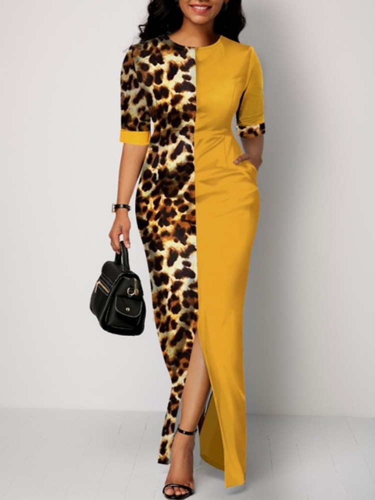 Amazon Middle East European and American new round neck leopard print stitching split long dress high waist slim women's dress