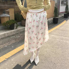 韩系chic夏季新款温柔风印花系带收腰显瘦不规则斜边半身裙中裙女