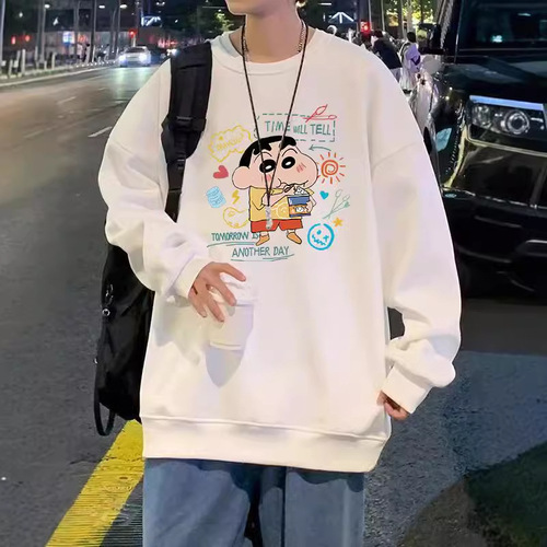 Women's Couple Style Long Sleeve T-Shirt with Creative English Print, Thin Version Solid Color Crew Neck Sweatshirt for Autumn and Early Winter