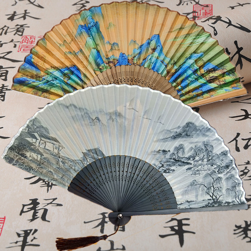 Jiangnan primavera tinta de estilo accesorios de ropa Han seis pulgadas ventilador de arte para hombres juego de regalo ventilador cabeza ventilador plegable verde