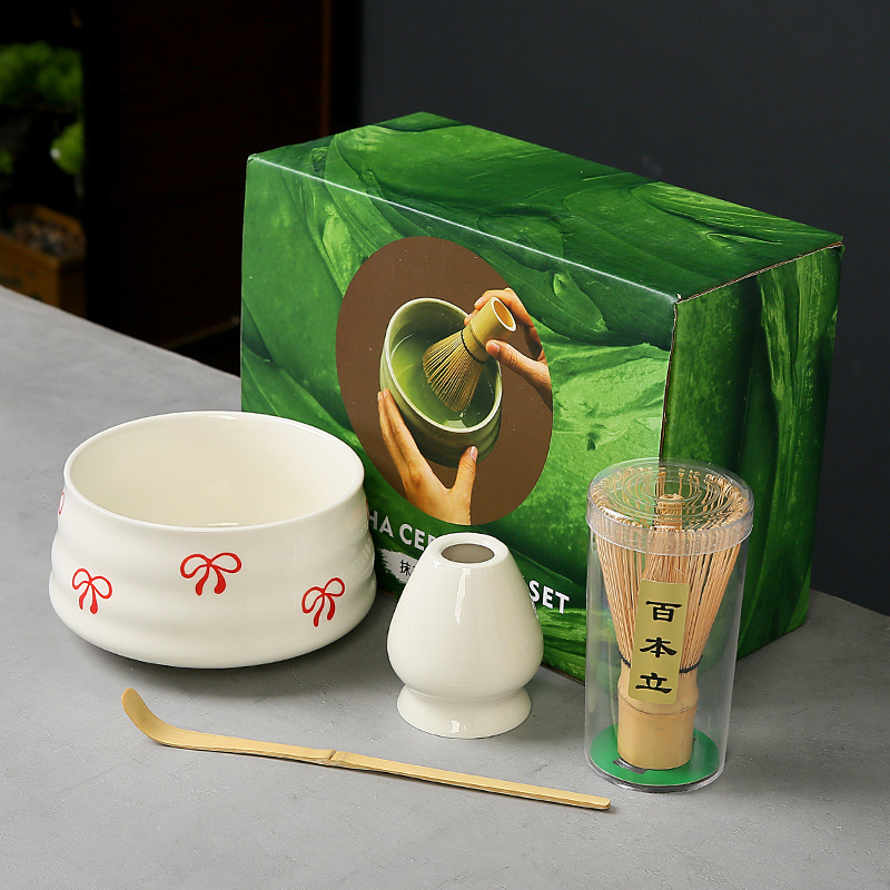 跨境抹茶碗套装樱桃蝴蝶结心形图案花纸陶瓷百本立茶筅点茶系列|undefined