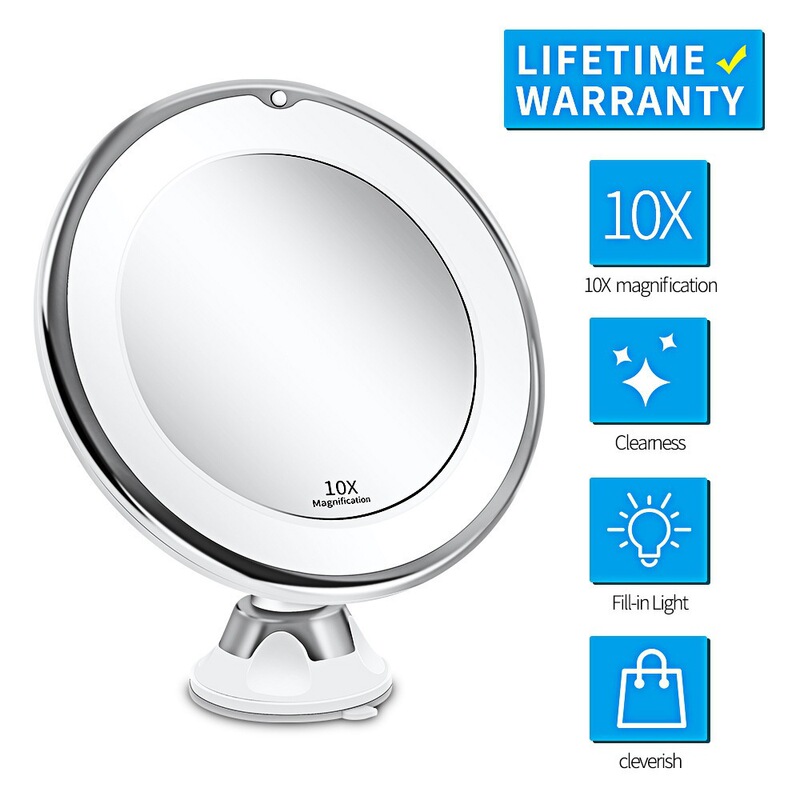 Makeup Mirror with Led Fill Light, 10X Magnification, Dry Battery, Suction Cup Style, Foldable, Popular Beauty Mirror