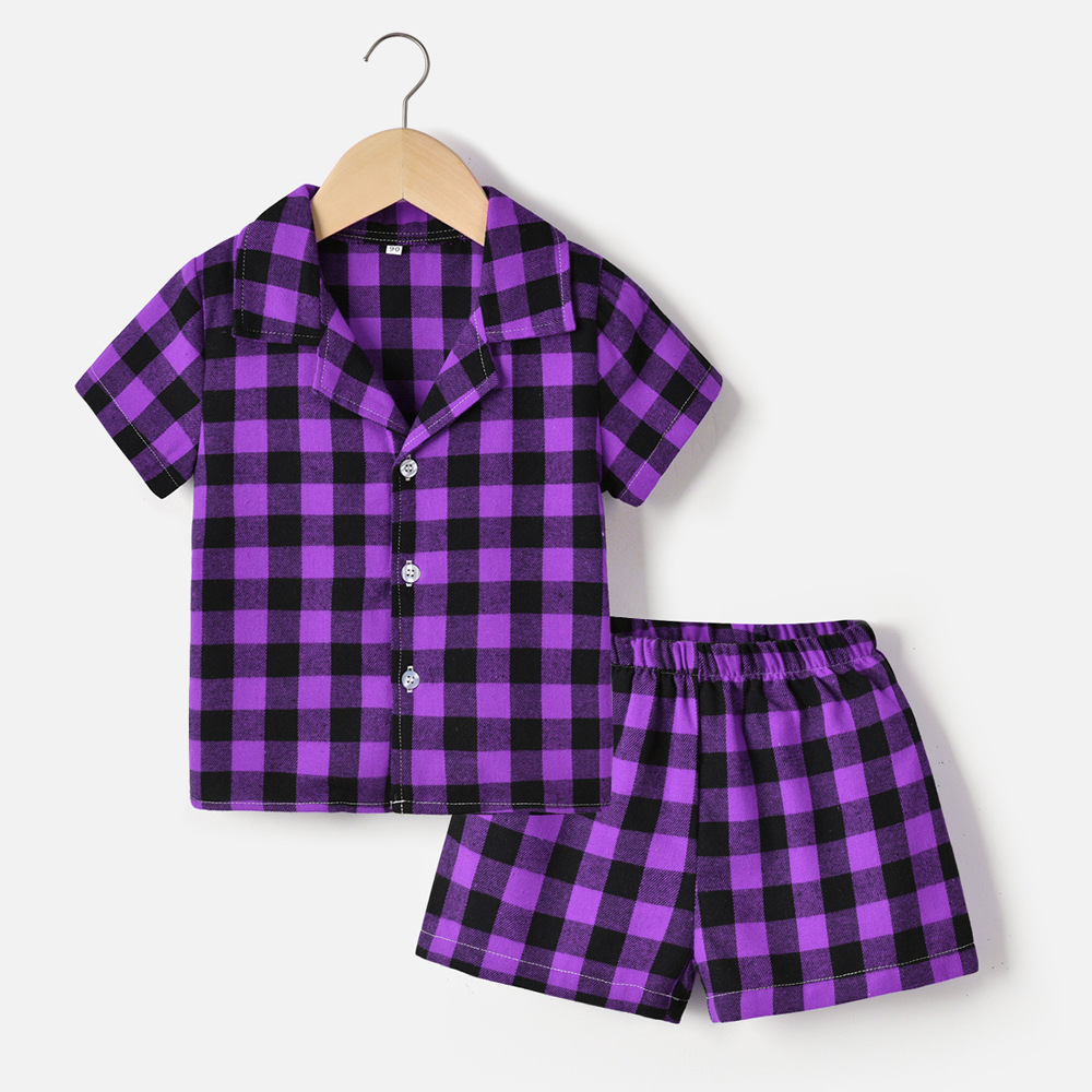2024 comercio exterior ropa para niños y niñas rebeca de manga corta a cuadros con solapa de verano pantalones cortos elástico pijamas kids de dos piezas
