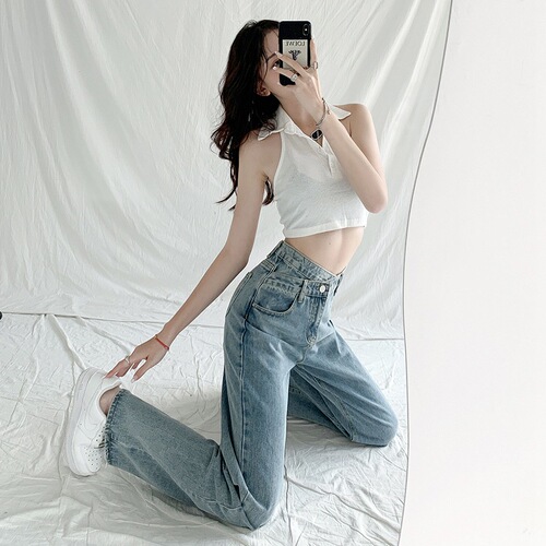 Irregular oblique buckle high waist chic style Korean style wide leg jeans for women new spring and autumn loose straight floor mopping pants