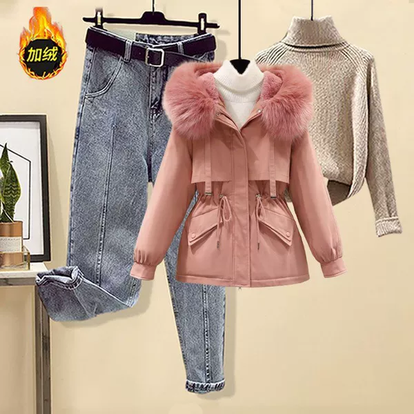 Fuchsia jacket, apricot sweater, jeans