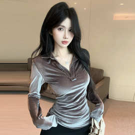 18YX8868欧美2026跨境外贸时尚百搭金丝绒修身弹力长袖内搭上衣女