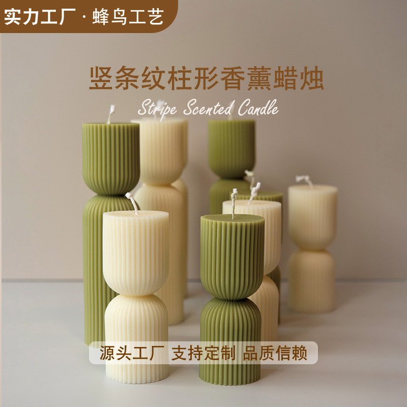 Exclusiva transfronteriza para velas de aromaterapia cilíndrica a rayas, adornos decorativos blancos y verdes, recuerdos, venta al por mayor, estilo caliente, hecho a mano