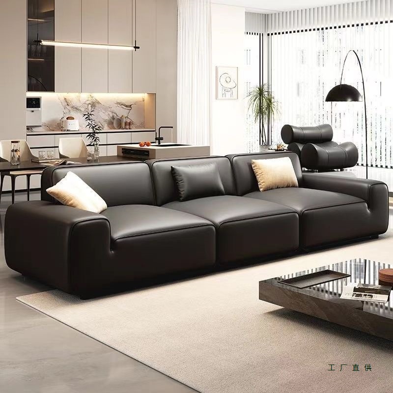 2025 New Big Black Cow Sofa Black Tofu Block Sofa Modern Minimalist Home Living Room Leather Sofa