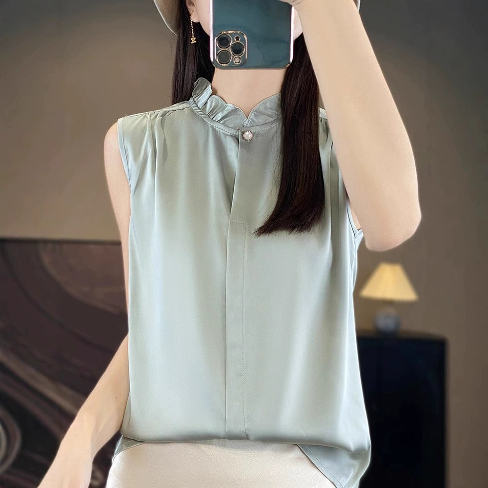 Женский деревянный грибок без рукавов рубашка жилет пригородного темперамента дикий складчатый дизайн