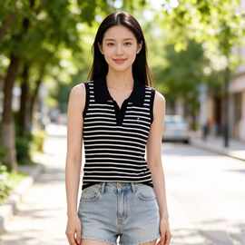 南油高奢女装y家26夏季新款条纹翻领无袖针织衫背心打底修身上衣
