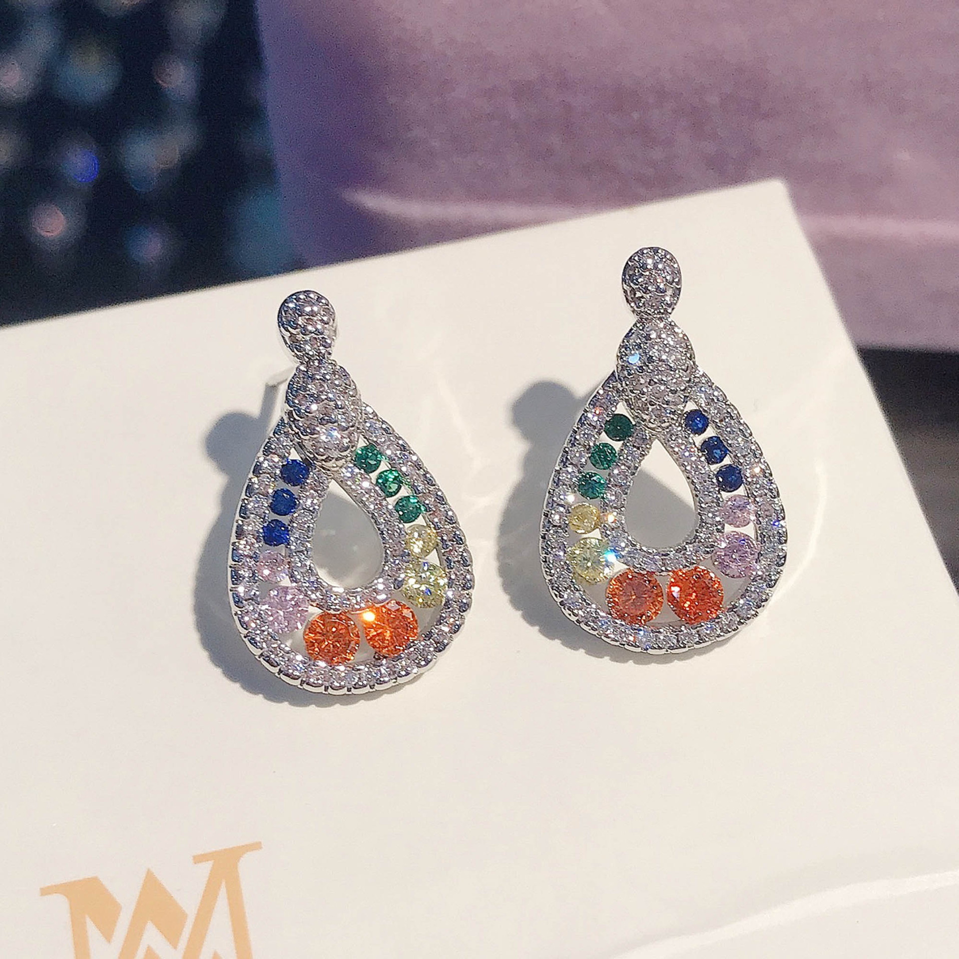 New Colorful Simulation Tourmaline Earrings Design Full Of Diamond Droplets Pear-shaped Rainbow Color Earrings display picture 5