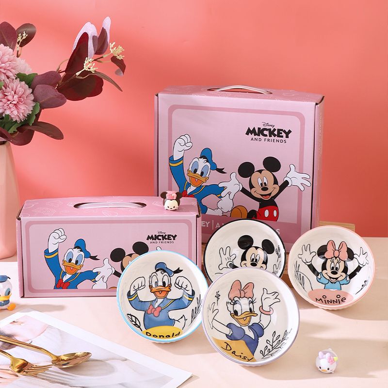 Creative Ceramic Rice Bowl, Especially Beautiful Cartoon Mickey and Donald Duck, High-Looking Festive Couple Gift Box Set