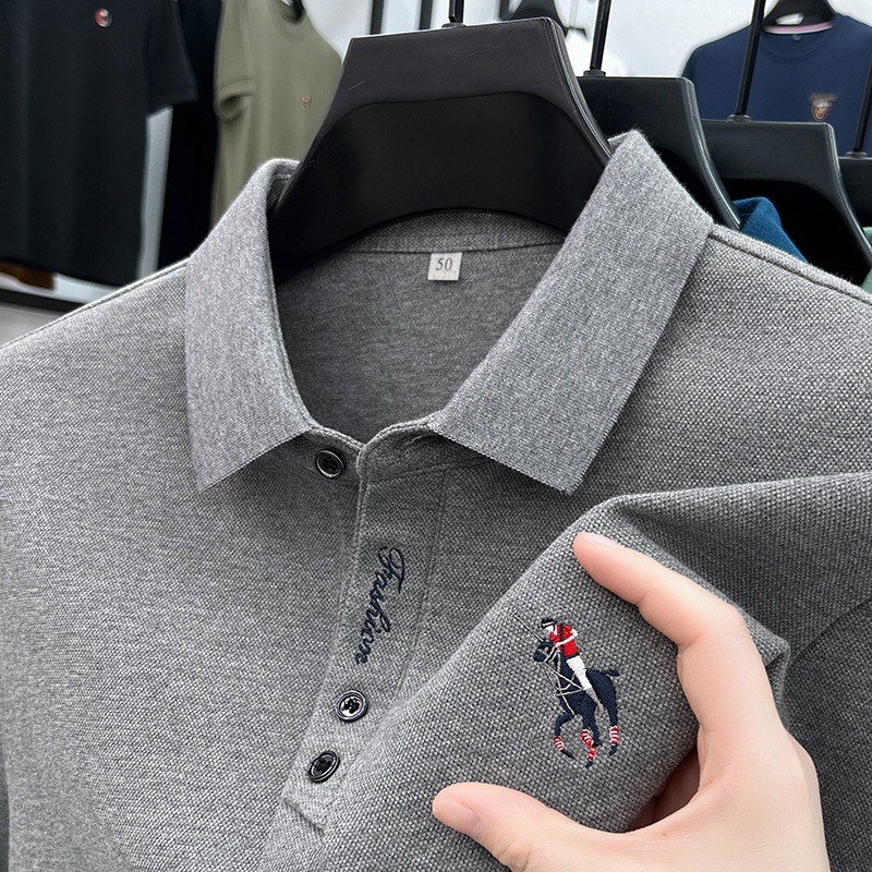 2024 New Men's Long-Sleeve Polo Shirt, Spring and Autumn Fashionable Dad Style, Lapel Base Layer Pure Cotton T-Shirt