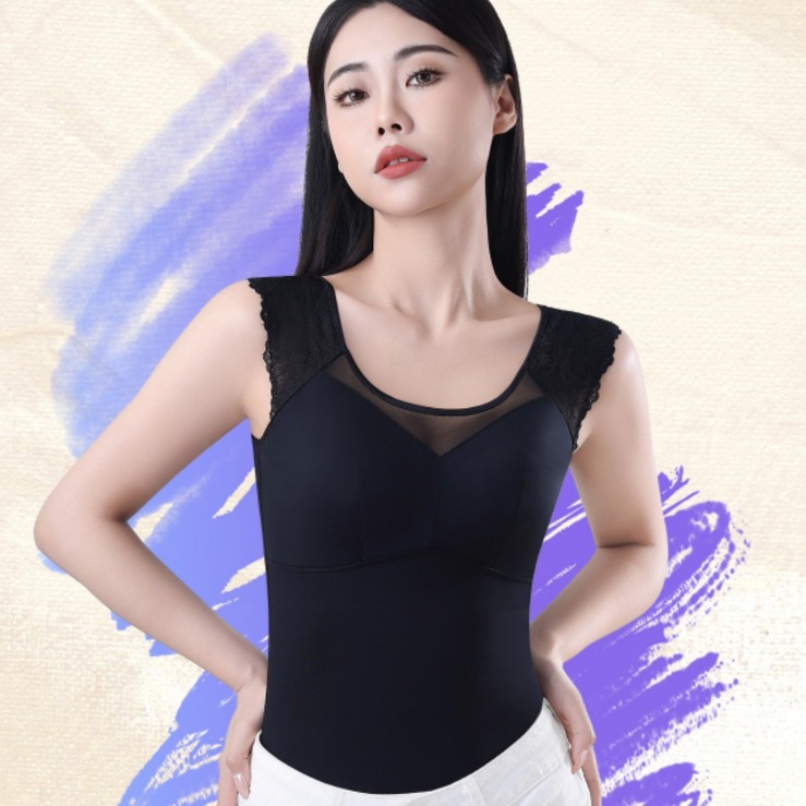 Insulated fleece-lined underwear vest with tummy control and breast pads, seamless winter thermal underwear with extra thickness and fleece lining.