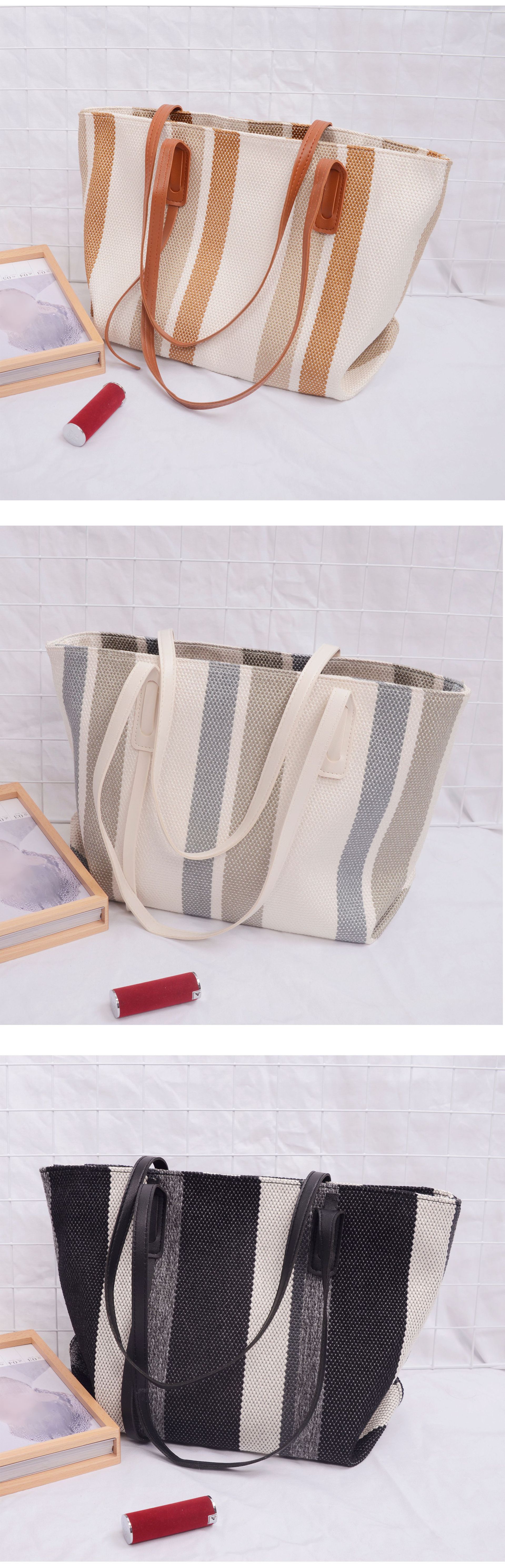 225g Weight Polyester Lining Material Zipper Closure Type Top Handle Strap Type Tote Bag Bags Type Street Occasion Canvas Material Stripe Pattern All Seasons Season Streetwear Style Square Shape Large Size Large All Seasons Canvas Streetwear Tote Bag