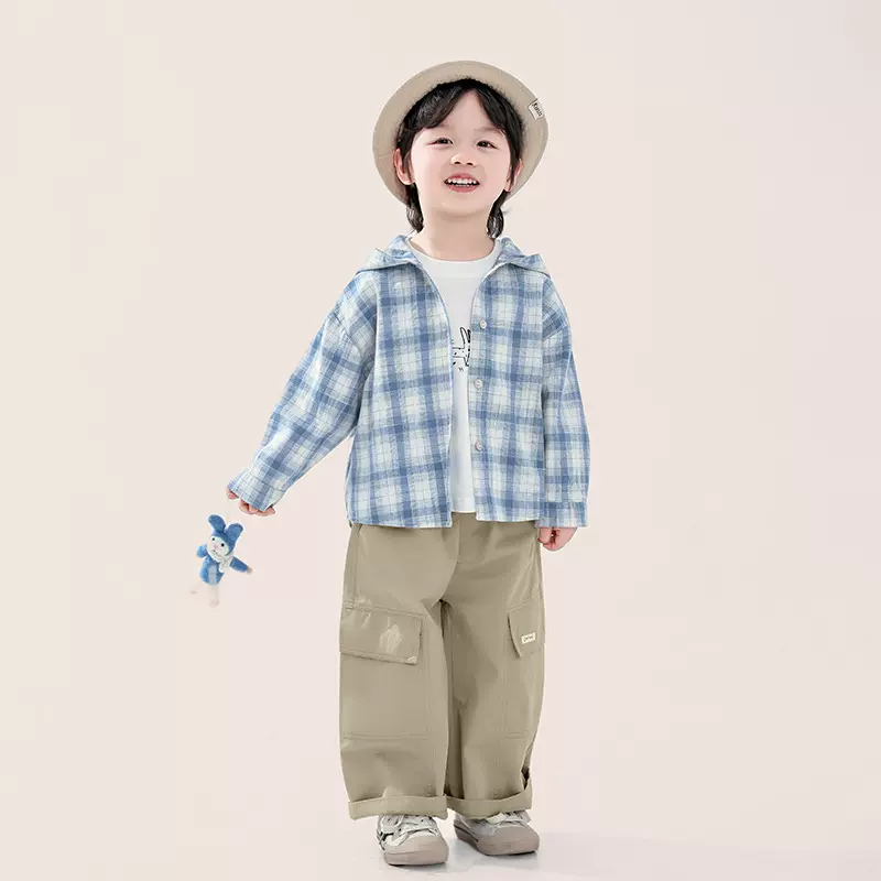 畅果服饰男童衬衣长袖春季新款儿童格子衬衫中小童春秋连帽外套
