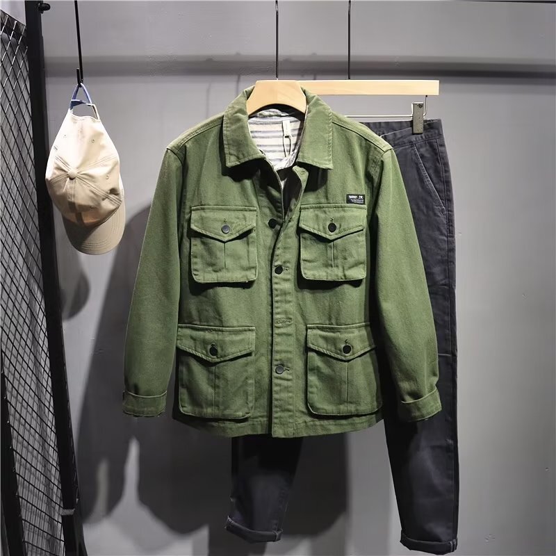 Heavyweight Washed Multi-Pocket Army Green Jacket Trendy Casual Workwear Coat Men's Loose Autumn Japanese Style Top Heavyweight Washed Multi-Pocket Army Green Jacket Trendy Casual Workwear Coat Men's Loose Autumn Japanese Style Top