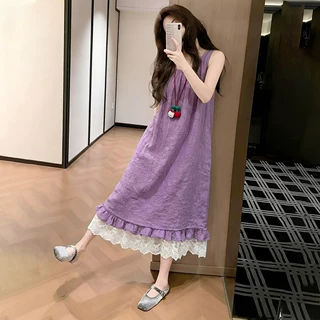 法式气质紫色蕾丝边背心连衣裙女2026夏新款独特超好看无袖长裙子