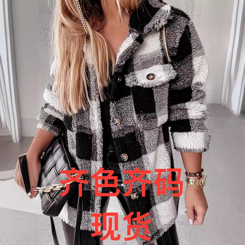 2024 Amazon Hot-Selling Women's Clothing Cross-Border E-Commerce Autumn and Winter Long-Sleeved Double Flap Pocket Pants Plaid Fur Outwear for Women in Stock