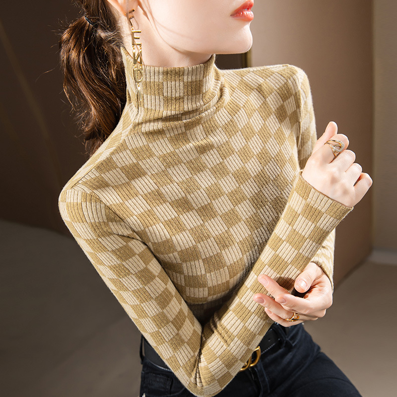 Camisa de mujer cuello alto cepillado 2022 nueva camiseta de manga larga estampada a cuadros de mujer cálida Cintura interior ajustada superior