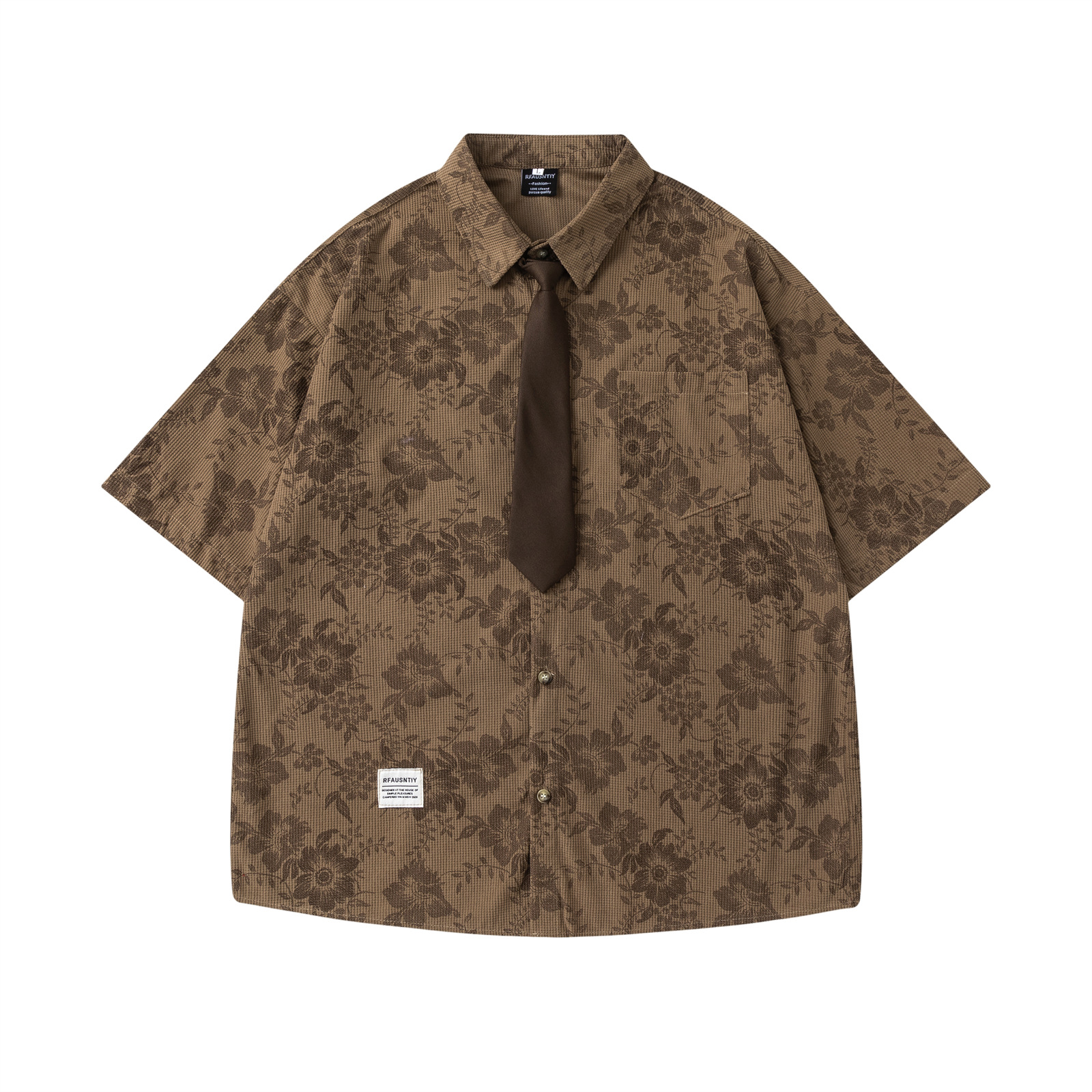 American Retro Short-Sleeved Tie Shirt for Men, Loose and Relaxed, Casual, Lazy Style, Stacked, Handsome Cleanfit Shirt