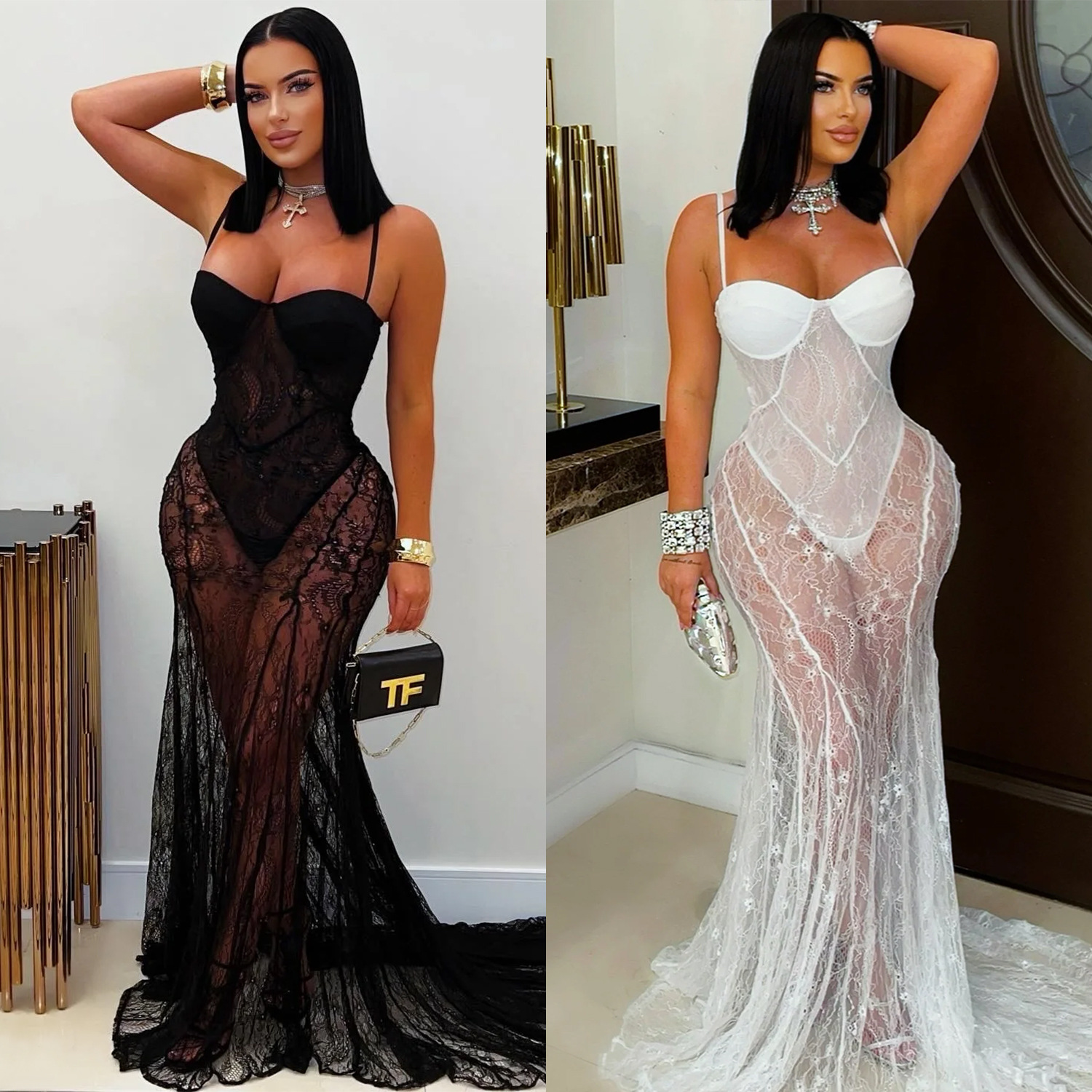 C7520 Cross-Border Aliexpress Amazon European and American Fashion Women's Sexy Suspender Lace See-Through Dress Dress