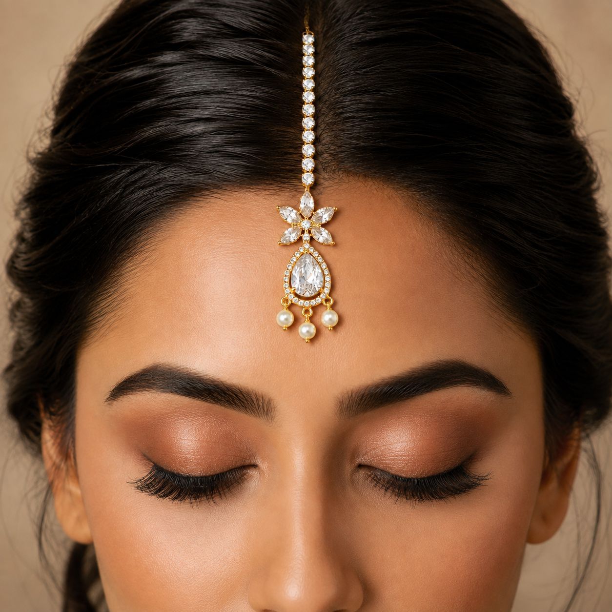 Cross-border rhinestone flower pearl forehead pendant hair chain, Indian-style bridal wedding forehead accessory