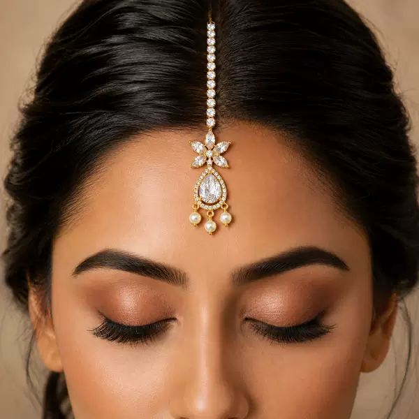 Cross-border rhinestone flower pearl forehead pendant hair chain, Indian-style bridal wedding forehead accessory