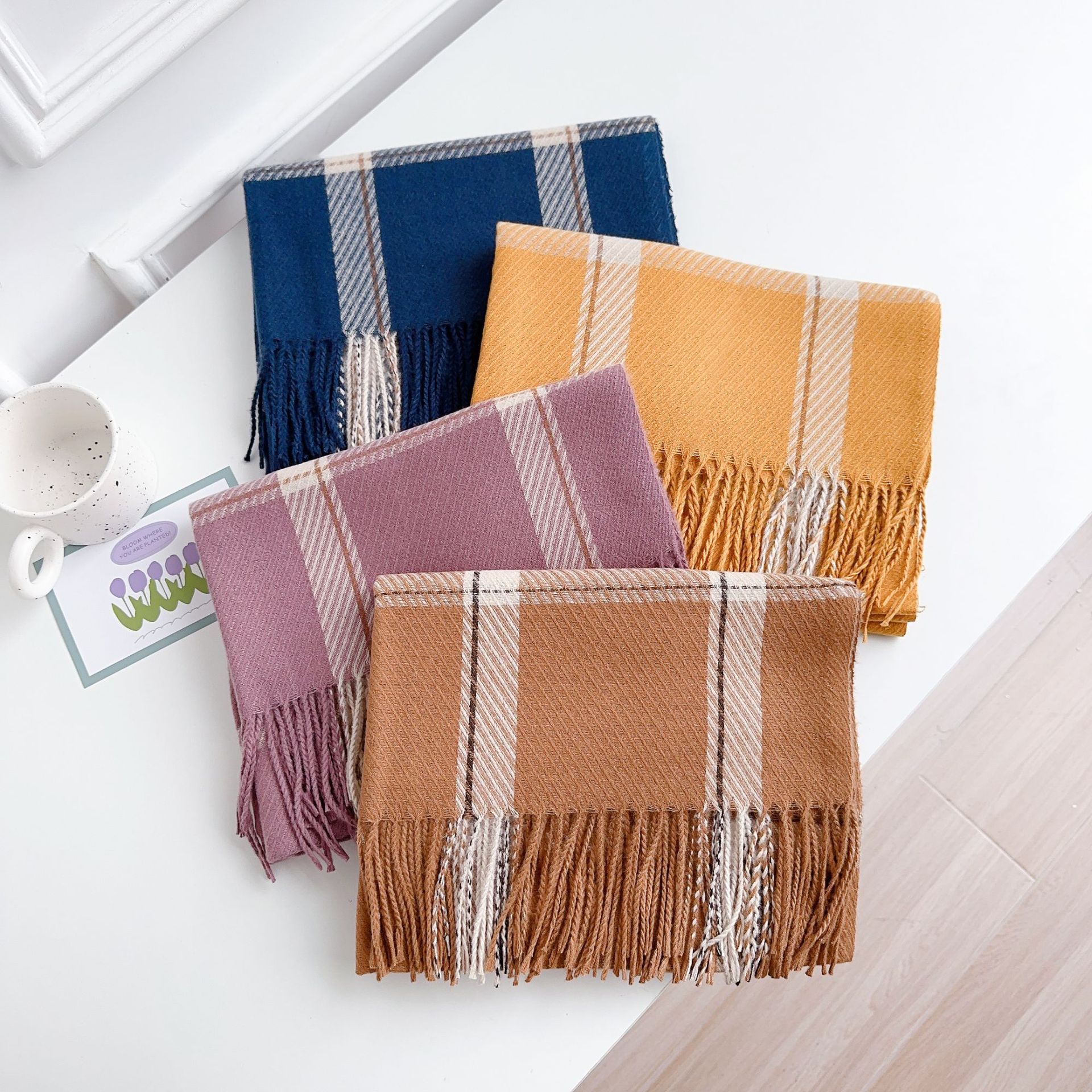 Bufanda de Otoño 2025 para Mujer, Estilo Coreano y Japonés, Retro, Imitación de Cachemira, Cálida, con Flecos, a Cuadros, Versátil, Delgada, para Primavera y Otoño