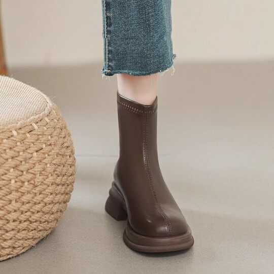 Stretch Thick-soled Short Boots for Women 2024 New British Style Boots Back Zipper Slim Brown Autumn and Winter Super Hot Women's Boots