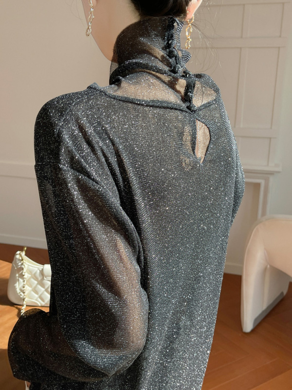 黑色高领打底衫女春秋薄款内搭亮片堆堆领针织衫微透内透网纱上衣|undefined