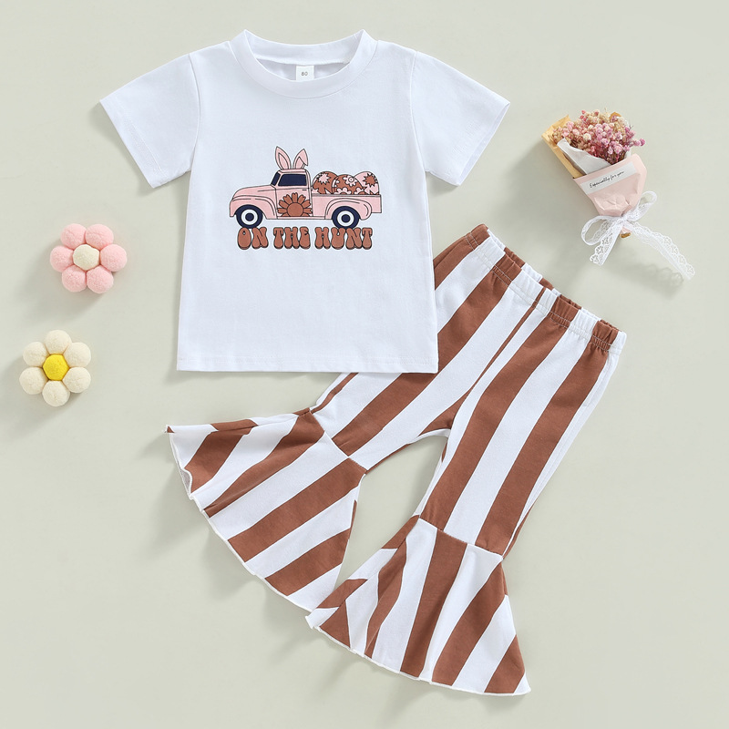 Easter Fashion Cartoon Letter Stripe Cotton Girls Clothing Sets display picture 1