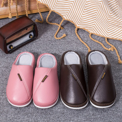 Autumn and Winter PU Leather Cotton Slippers for Men and Women, Home Use Anti-Slip Warm Slippers, Stain-Resistant and Easy to Wash, Wool Slippers, Foreign Trade Plus Size