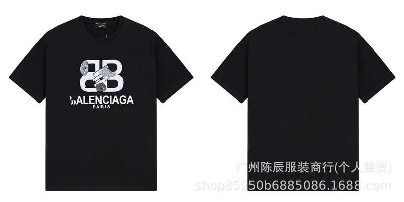 跨境高品质奢潮印花字母logo短袖潮牌外贸B家圆领男女百搭宽松T恤|undefined