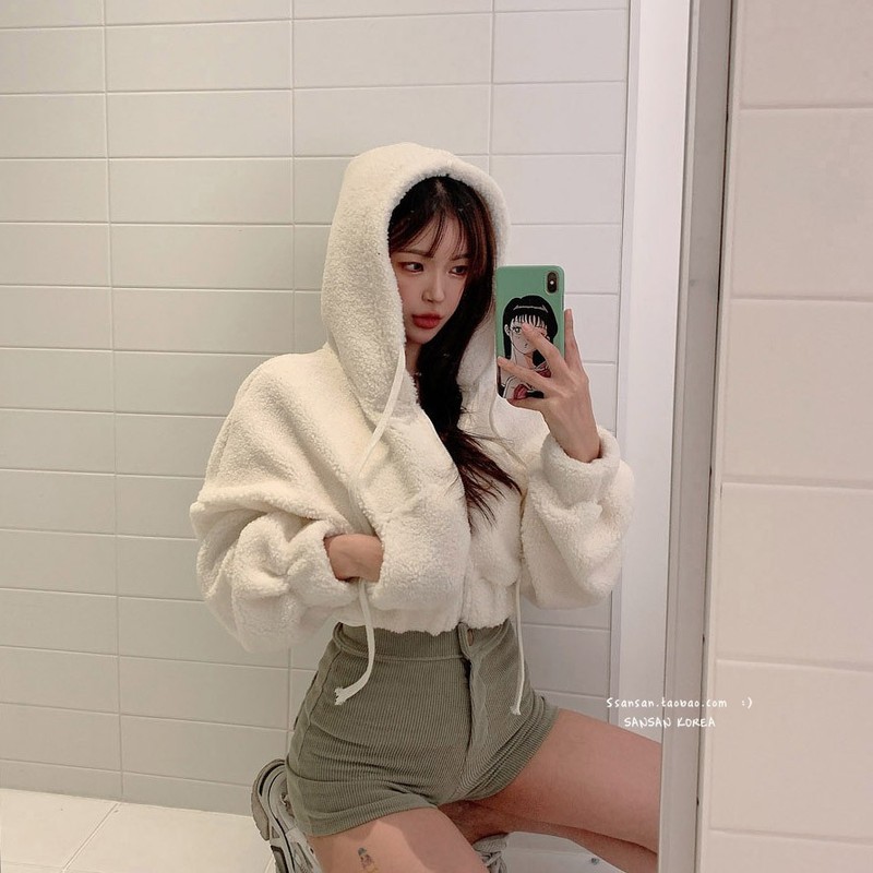 帽子付きのパーカーの女性のジッパー付きのカーディガンの保温とベルベットの韓国のファッションの帽子付きのベルベットのかわいいジッパーのコートの婦人服|undefined