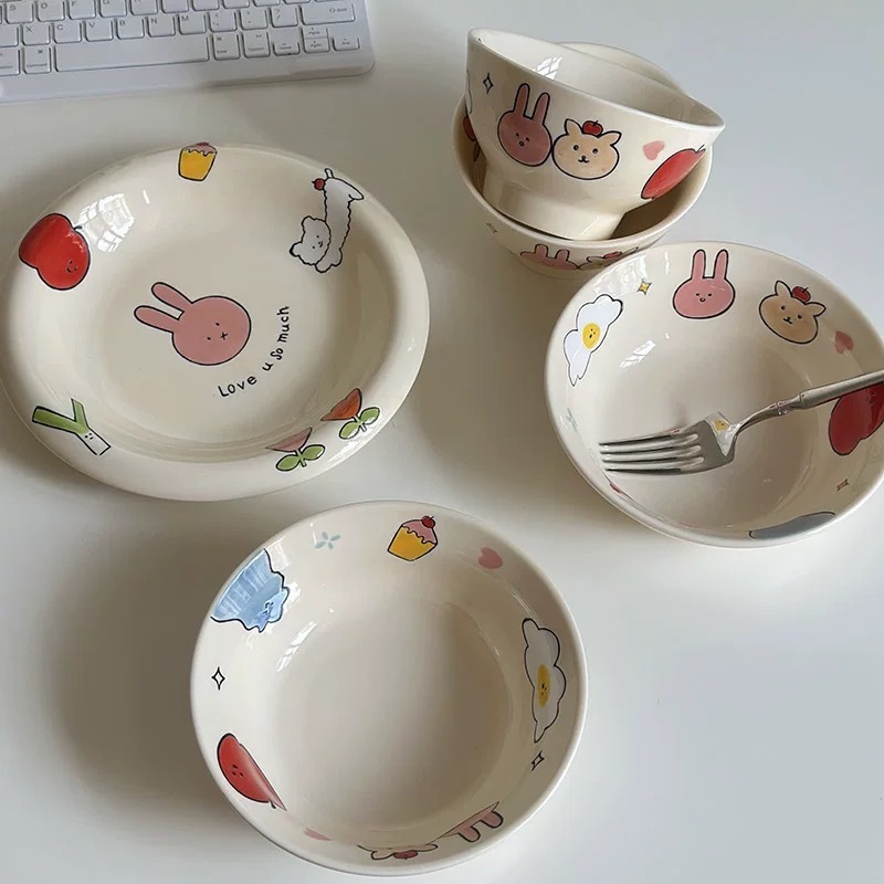 オリジナルかわいい下絵色手描きリンゴウサギ家庭用皿プレートライスボウルサラダヨーグルトボウル食器セット|undefined