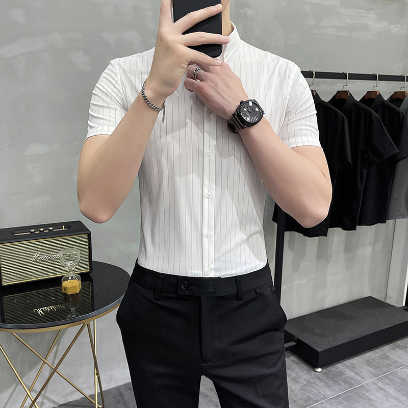 Men's Shirt Short-sleeved Korean Casual Striped Shirt Men's Slim-fit Summer Simple Style 2025 Men's Business