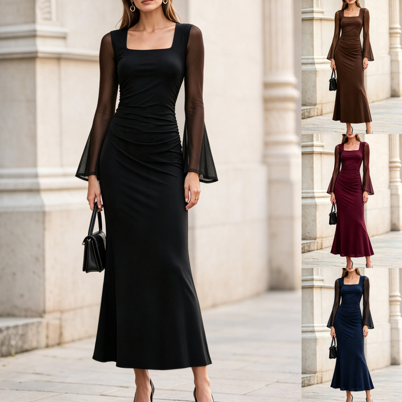 2026 Amazon independent store cross-border new collection: square-neck, sheer mesh, flared-sleeve, ruched, and figure-hugging evening dress 2026 Amazon independent store cross-border new collection: square-neck, sheer mesh, flared-sleeve, ruched, and figure-hugging evening dress