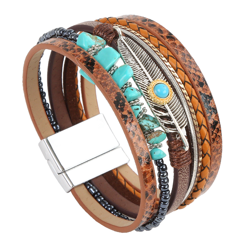 Leather Beaded Bracelet With Boho Feather And Turquoise Charm_voghion.com