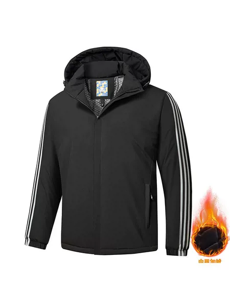 Men's fleece-lined hooded sports cotton jacket, winter windproof and warm outerwear, casual three-stripe stand-up collar zip-up jacket