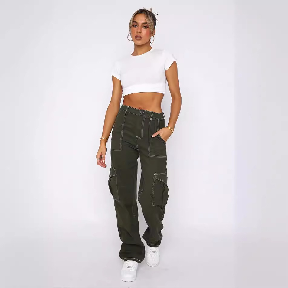 2023 estación independiente de Amazon europeo y americano Otoño e Invierno nuevos Pantalones de mujer personalidad costura de moda monos rectos multibolsillos