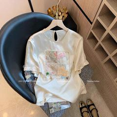 新しい中国風のジャカード刺繍半袖Tシャツ夏の新しいハイエンド気質年齢を軽減するサテンレディーストップ