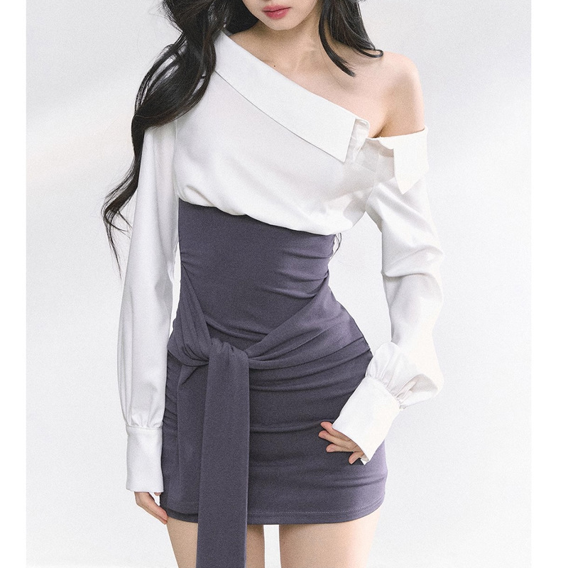 2025 韓国モデルトップフレンチオフショルダーホットガール Tシャツ夏ウエスト痩身デザイン通勤シャツショーツスーツ|undefined