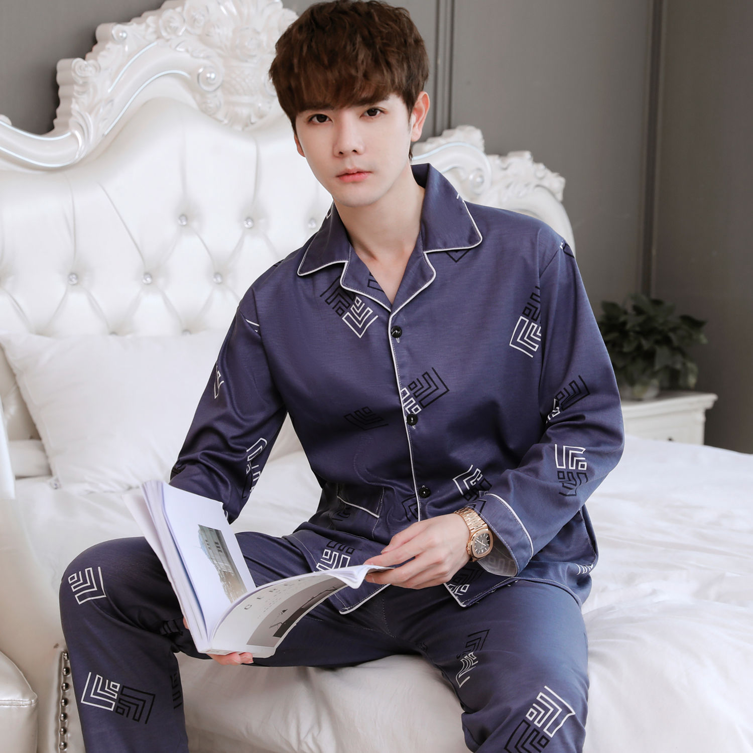 Pijamas de hombre Pijamas de primavera y otoño pantalones de algodón de manga larga de los hombres cardigan verde de mediana edad ropa de hogar traje de invierno para los ancianos