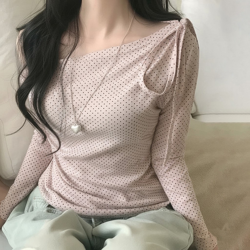 欧美新款女装ins风甜美少女波点露肩修身长袖T恤绑带设计休闲上衣|undefined