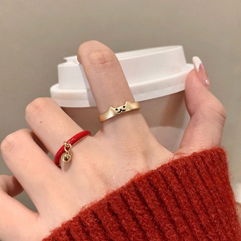Cartoon Katzenklingel Ring Set Damen Elegante Niche Glasur Schmuck_voghion.com