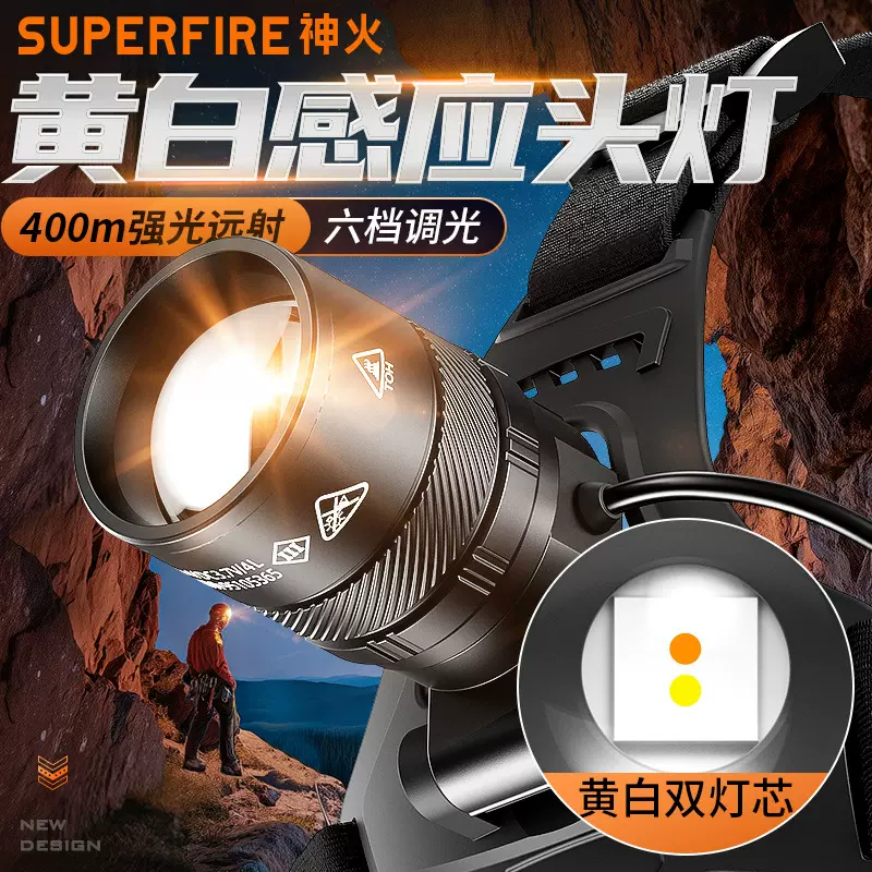 神火黄白光头灯15W高亮远射户外强光充电旋转变焦led感应头灯HY06