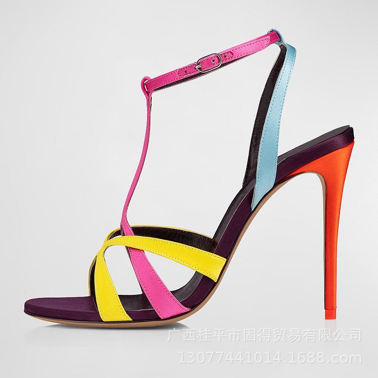 Cross-border independent station ins fashion catwalk stiletto heel multi-color stitching women's Sandals women's shoes Sandals