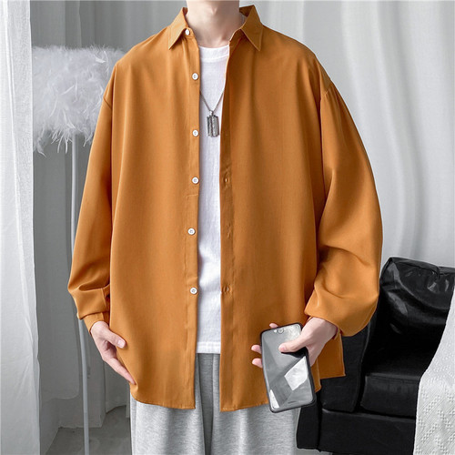 Pure Color Long Shirt Loose Drape Texture Shirt Men Spring and Autumn Candy Color Fashion Trend Ins Cool Style Dropshipping
