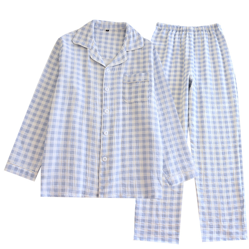 새로운 커플 잠옷 봄과 가을 순면 더블 거즈 긴 소매 남성과 여성의 격자 무늬 얇은 여름 부드러운 홈 옷